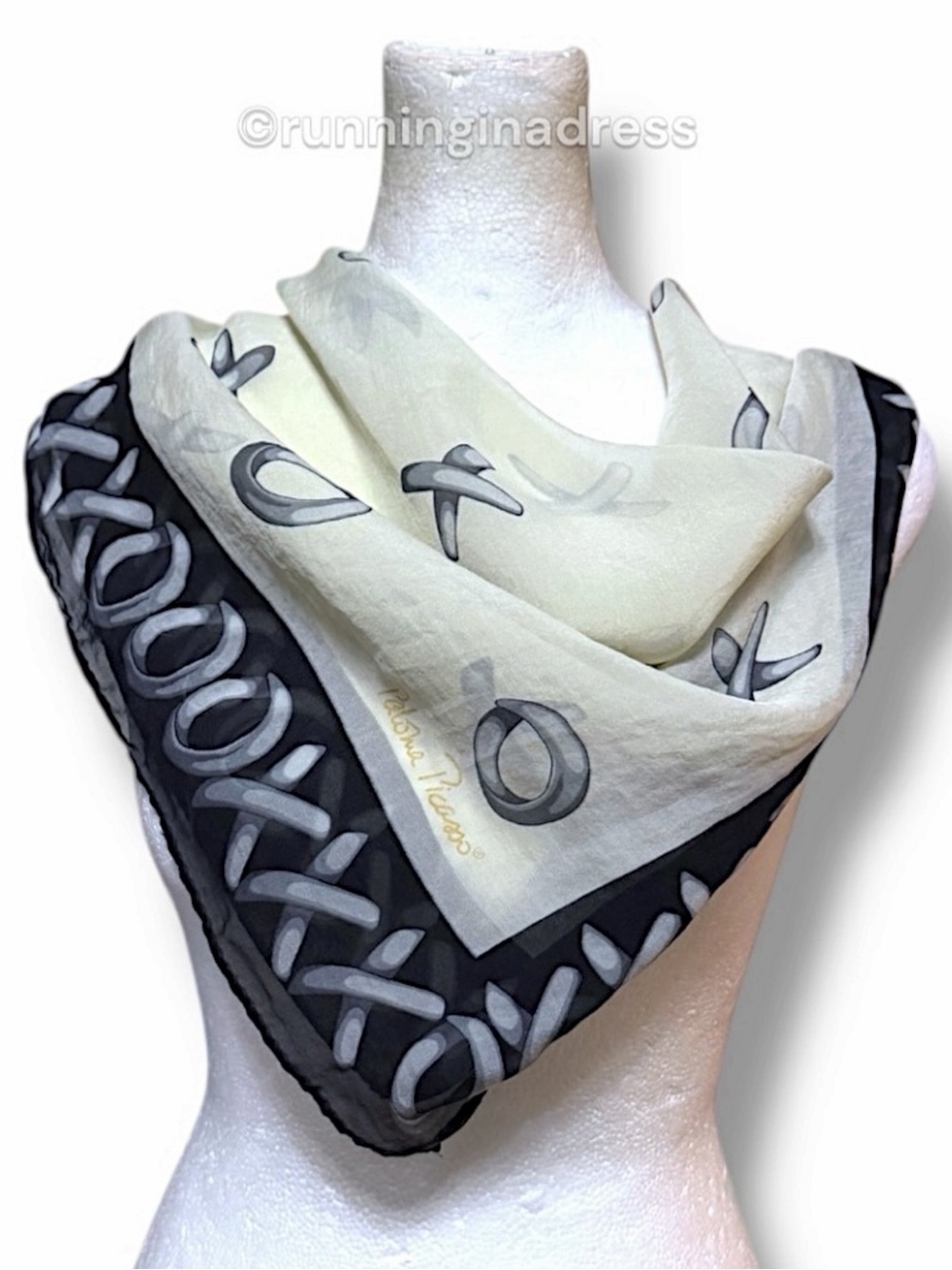 Vintage Paloma Picasso XOXO Silk Scarf Black Beige Hugs & Kisses Italy